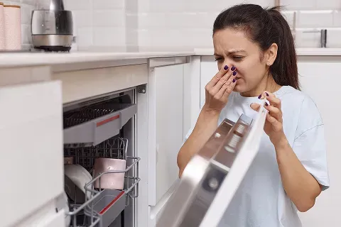 Woman opening a smelly dishwasher to troubleshoot odor issues caused by food buildup or a clogged filter.
